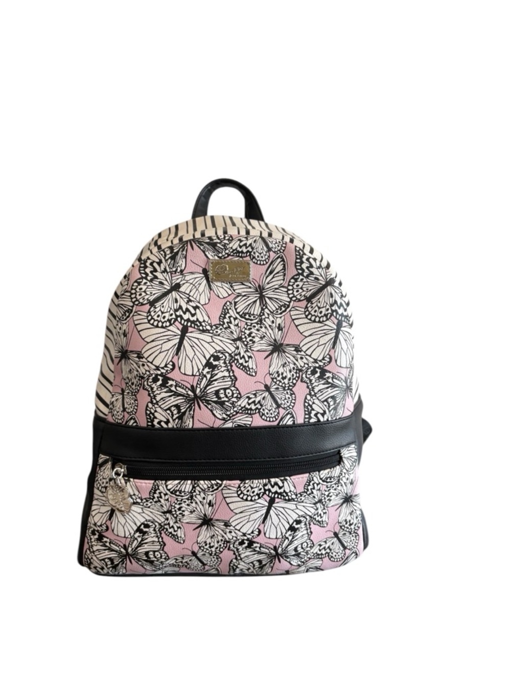 Betsey Johnson Sammy Butterfly Backpack Black White Blush Pink Stripes - Picture 2 of 7